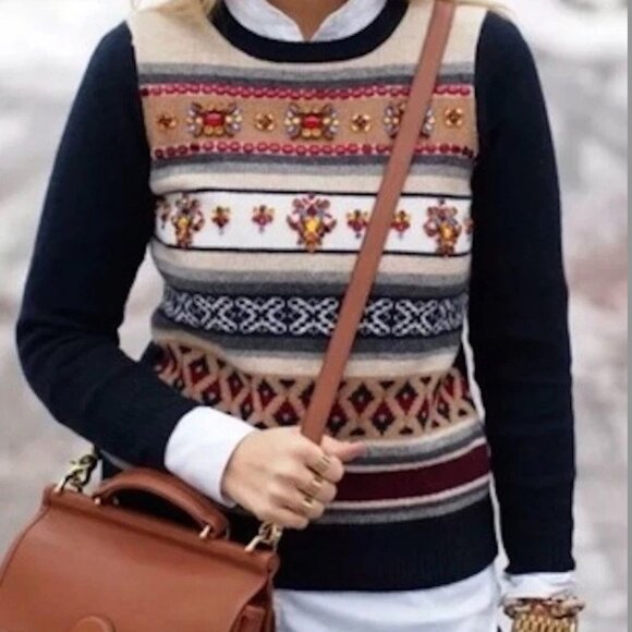 J.Crew Jeweled Fair Isle Stripe Crewneck 100% Wool Long Sleeve Sweater LG - Picture 2 of 9